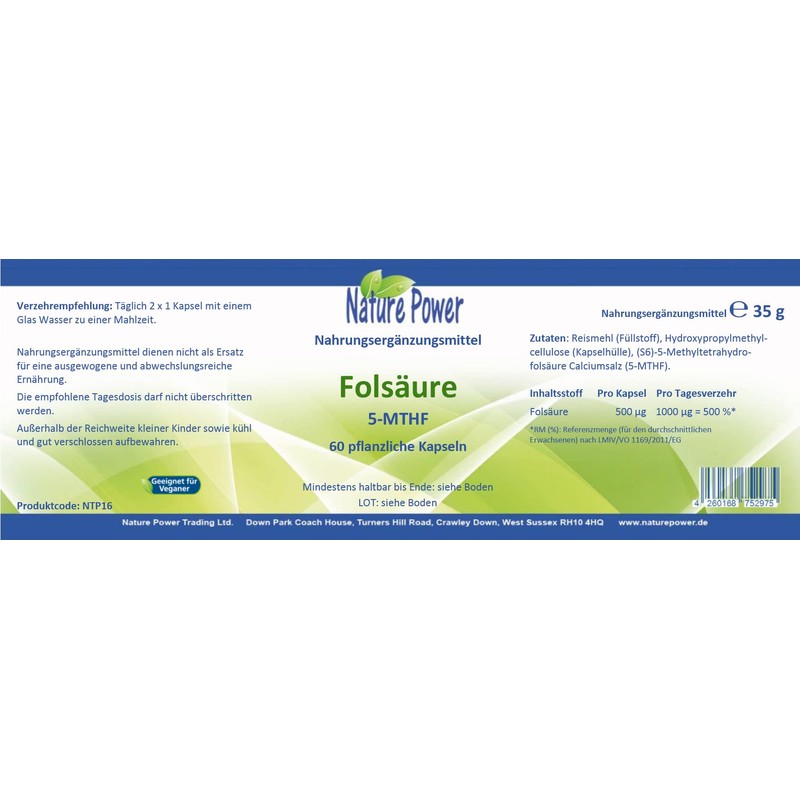 Folic Acid | 5-MTHF | 500 µg per capsule |