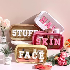 4 Pieces Chenille Letter Cosmetic Bag Set Nylon PVC Clear Waterproof Makeup Pouch Stuff Hair Travel Bag Zipper Multi Purpose Aesthetics Toiletry Organizer for Women Gym Travel Beach (Fresh Colors)