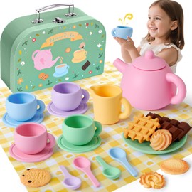 G.C Silikon Teeservice Kinder Spielzeug Kinderküche Zubehör mit Teekanne, Tassen, Teller, Löffel und Süßen Desserts, Teeparty Spielküche Rollenspiele, Küchenspiele, Geschenke für Mädchen Jungen