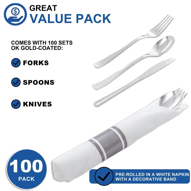 Joyido 100Guests Pre Rolled Silver Plastic Silverware Sets - Heavy