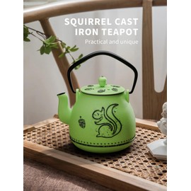 Toptier Teapot with Removable Infuser, Cast Iron Tea Kettle Stovetop Safe, Squirrel Design Tea Pot Coated with Enameled Interior for 32 Ounce (950 ml), Bright Green