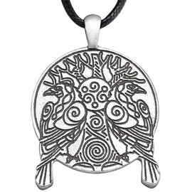 HAQUIL Raven Necklace, Huginn and Muninn Tree of Life Pendant, Faux Leather Cord, Viking Jewelry Gift