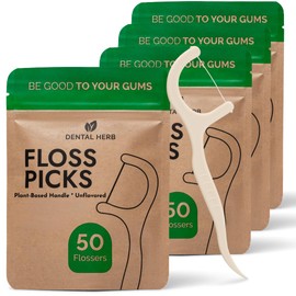 Dental Herb Company Palillos De Hilo Dental Biodegradables De Origen Vegetal - Paquete De 4 (200 Piezas) - Sin Sabor, Veganos, Ecológicos