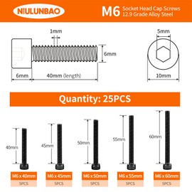 NIULUNBAO M6 x 40mm 45mm 50mm 55mm 60mm Hex Socket Head Cap Screws Bolts 12.9 Grade Alloy Steel, Black Oxide Finish, Metric Allen Hex Drive, Machine Fully Threaded, Assortment Kit 25PCS