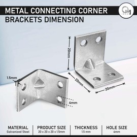 OMIDEAS 20 x Corner Brackets (20 x 20 x 20) Angle Reinforced Metal Braces Wood Timber Galvanised Steel Sheet Connecting Joining Fixing L Repair Connector