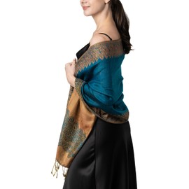 Achillea - Bufanda de doble capa jacquard con estampado de cachemira grande, Verde azulado (Teal Border), 80" X 28'