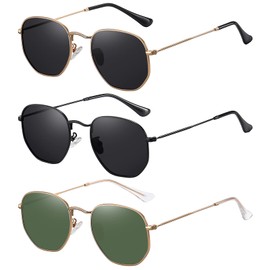 MEETSUN Polarized Hexagon Sunglasses for Women Men Polygon Square Sun Glasses UV400 Protection Metal Frame 3Pack Gold Gray+Black Gray+Gold Dark Green