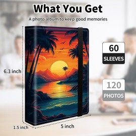 Photo Album 4x6 120 Pockets Photos with Elastic Band, PU Leather Photo Books Small Mini Capacity Picture Album for Family Wedding Anniversary Baby Vacation Pictures, Sunset Beach Ocean Landscape