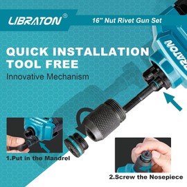 LIBRATON 16" Rivet Nut Tool, Rivet Nut Gun, Hand Rivet Nut Setter with 110PCS Rivet Nuts, 11PCS Metric & SAE Interchangeable Mandrels and Carrying Case, Easy Replace