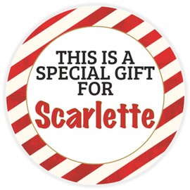 This is a Gift for Scarlette - Circle Sticker Decal 3 Inch - Candy Cane Merry Christmas Gift Tag Present Tree Holiday Custom Name Santa Claus