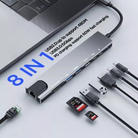 For Apple, Universal, for Macbook Pro 8in1 USB Type C Hub USB3.0 4K HDMI RJ45 SD/TF Dongle Adapter for Macbook Pro Air