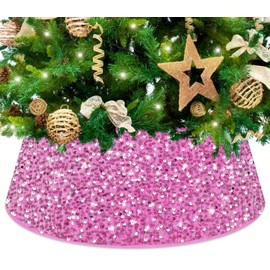 FCSJOST Christmas Tree Collar Pink Payette Christmas Tree Skirt Basket 28.3 Inch Xmas Tree Base Collar for Large Artificial Tree Sequin Christmas Tree Ring for Christmas Ornaments Party Decorations