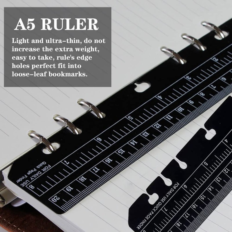 4 Pieces Black A5 Ruler Plastic Page Marker Ruler 6-Ring
