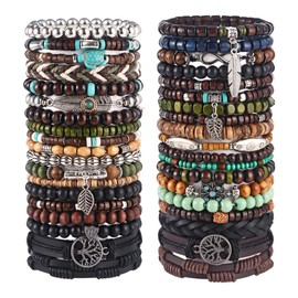 Jewdreamer 38Pcs Punk Wooden Beads Bracelets Gothic Bracelet for Men