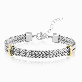 CARITATE Cuban Chain Bracelet for Men - Stainless Steel Double Bracelets for Mens Cuban Link Minimalist Layered Bracelet Mens Stacked Chains Bracelets Metal Rope Non Tarnish 7/8 Inch Silver (Gold Buckle)