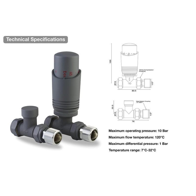 Anthracite Thermostatic Radiator Valve Angled Corner or Straight Grey Radiator