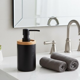 Sleek Matte Black Soap Dispenser with Natural Bamboo Detail - Polyresin Hand Pump, Elegant Bathroom Accessory