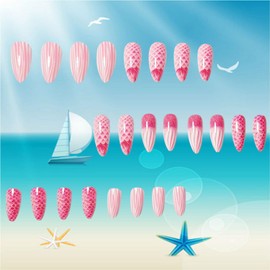 LOPMNGHT Almond Tip Press on Nails Long Length Pink Fish Scales Pattern Design Full Cover Glossy Acrylic False Nail Almond Shaped Stick on Nail 24Pcs Pink French Tip Press Ons Glue on Nails for Women