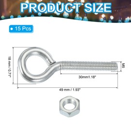 MECCANIXITY Eye Bolts M5x30 Carbon Steel Eye Hooks Screws with Hex Nuts for Metal Hook Wood Terminal Ring Hooks Hanging, Pack of 15