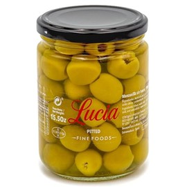 Lucia Fine Foods Spanish Manzanilla Pitted Green Olives – 440g / 15.50 oz Glass Jar – Premium Olives from Spain – Gourmet Quality