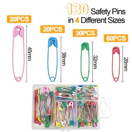 130 Colored Mini Metal Safety Pins with Storage Box, 4 Sizes (28mm, 32mm, 38mm, 45mm) for Art, Craft, Sewing, Jewelry Making, Dressmaking
