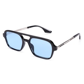 COASION Vintage 70s Flat Aviator Small Frame Sunglasses for Women Men Square Metal Design UV400 Protection Shades(Black Frame/Blue Lens)