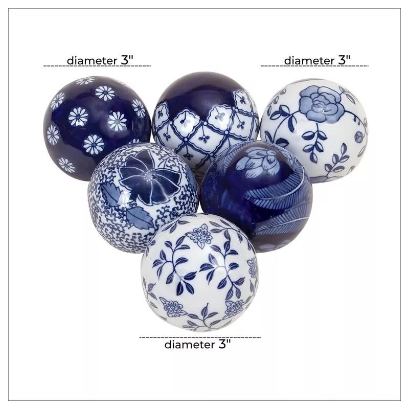 GLOBEDECOR Set/6 Blue Ceramic Orbs Decorative Balls Spheres Tray Vase