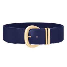 WHIPPY Women Wide Elastic Waist Belt for Dresses Fashion Gold Buckle Stretchy Leather Waistband for Ladies, Navy Blue, Fits Waist 33"-38"