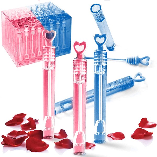 Liberty Imports 48 Pack Mini Heart Bubble Wands – Great Bridal Party Favors for Weddings and Anniversaries (Blue/Pink)