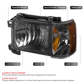 DNA MOTORING Headlamps Headlight Assembly Compatible With Ford Bronco F150 F250 F350 1987-1991, Left & Right, Smoked/Amber, HL-OH-F15087-SM-AM