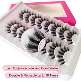 BTLLSSH 8Pair 3D5D 0.82INCH Thick False Eyelashes Fluffy Natural Look Faux Mink Lashes Volume Cat Eye Fake Eyelashes Lashes Extension with Dark Pink Box