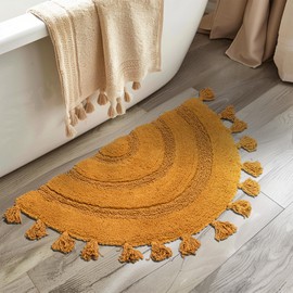 Half Circle Rug with Tassels for Boho Bathroom Decor Soft Cotton Beautiful Handcrafted Cute Bath Mat Boho Bathroom Rugs Non Slip Absorbent Washable Crochet Yellow Rug for Boho Home Decor 20"x32"