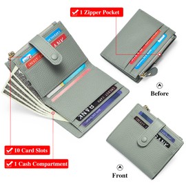 FALAN MULE Women's Small Leather RFID Protection Credit Card Holder with Zip Coin Compartment Wallet, A-grey-green, Minimal