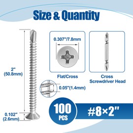 ANCHOREASE #8×2″ Sheet Metal Screws 100Pcs, 410 Stainless Steel Self Drilling Screws, Flat Head Phillips Fast Self Tapping Screws