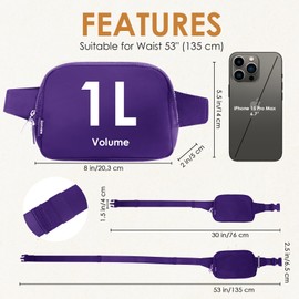 Bomvabe Everywhere Belt Bag 1L for Women, Little Fanny Pack with adjustable Belt 53", Fashion Waist Bag with Multiple Pockets, Crossbody Bag for Travel Gym Running Hiking Cycling, Purple