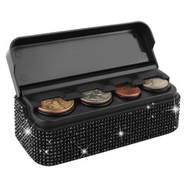 Figpade Bling Coin Holder for Car,Diamond Car Coin Organizer with 4 Compartment,Car Change Holder for Coins&Vehicle Accessories for Women Compatible with 25 Cents,10 Cents,55 Cents,Pennies (Black)