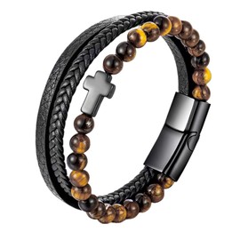 BIYONGDE Cross Bracelet for men, Black Braided Leather Bangle Bracelet for Men, Stainless Steel Cross Tiger Eye Beads Chain