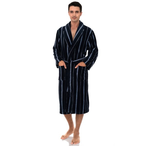 TowelSelections Bata de forro polar para hombre, con cuello de chal de felpa, Rayas de color azul marino y plateado., Large-X-Large