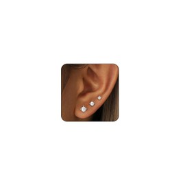 Lunvky 3 Pairs 14K Gold Earring Stud Sets for Women Dainty 925 Sterling Silver Earrings for Multiple Piercing Trendy Small Cartilage Tragus Cute CZ Earring Stacks Jewelry Gifts