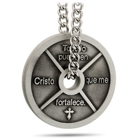 Shields of Strength Men's Antique Finish High Relief Spanish Weight Plate Necklace-Phil.4:13