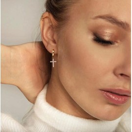 Aobei Pearl 18K Gold Plated Cross Dangle Huggie Hoop Earrings for Women Dainty Pave Cubic Zirconia Earrings