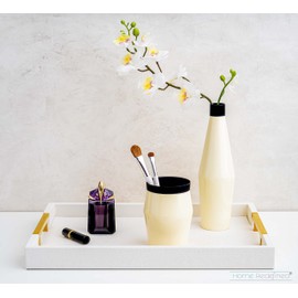 Home Redefined Modern Elegant 17.5"x12" Rectangle Glossy Faux Leather Shagreen White Decorative Serving Tray with Gold Polished Metal Handles for Ottoman Coffee Table Perfume