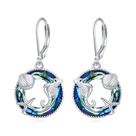 Ocean Earrings 925 Sterling Silver Seahorse Starfish Dangle Earrings Crystal Sea Shell Drop Leverback Earrings Beach Jewelry Gifts For Women Lover
