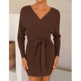 ZESICA Women's Fall Long Batwing Sleeve Wrap V Neck Knitted Backless Bodycon Pullover Sweater Dress with Belt,Brown,Medium