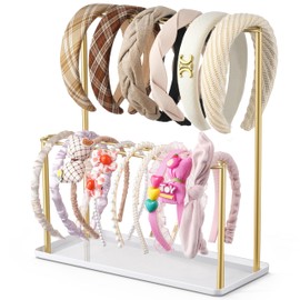 Josmimic Headband Holder Organizer Metal 2-Tier with Tray: Hair Accessories Display Stand Storage Hairband Rack Necklace Stand Home Bedroom for Girls Women, Gold