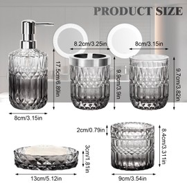Ulable Bathroom Accessories Set, 5Pcs Bathroom Soap Dispenser Set, Glass Bathroom Accessories with Glass Soap Dispenser, Soap Dish, Toothbrush Holder, Tumbler, Cotton Swab Jar (Gradient Clear & Black)