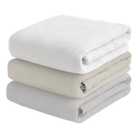 breebleep Muslin Swaddle Blankets for Baby Boy - 3 Pack 47x47 Inch Large Receiving Blankets, Soft Breathable Cotton Nursery Swaddles for Newborn, Infant & Todler (Gray, Cream White, White)