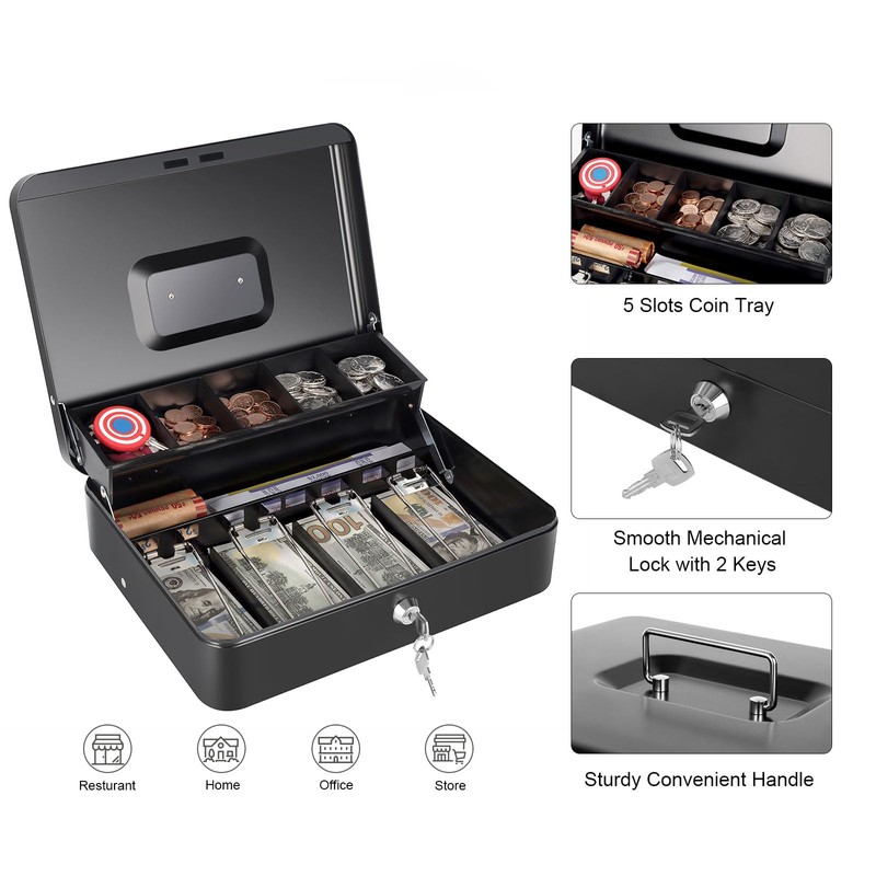 Cash Box with Money Tray and Key Lock, Saving Lock