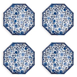 Two's Company Set of 4 Chinoiserie Touch Octagonal Dinner Plate with Bamboo Rim