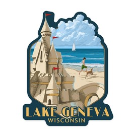 Die Cut Sticker Lake Geneva, Wisconsin, Sandcastle, Contour Vinyl Sticker 1 to 3 inches (Waterproof Decal for Cars, Water Bottles, Laptops, Coolers), Small